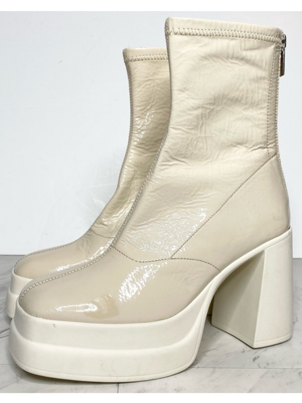 Free People Double Stack Platform Ivory Patent Square Toe Heeled Bootie 6 1/2